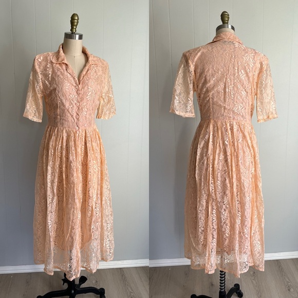 Vintage 90s Passports Pier 1 Pink Lace Midi Dress Medium Cottagecore Dainty - Picture 2 of 15